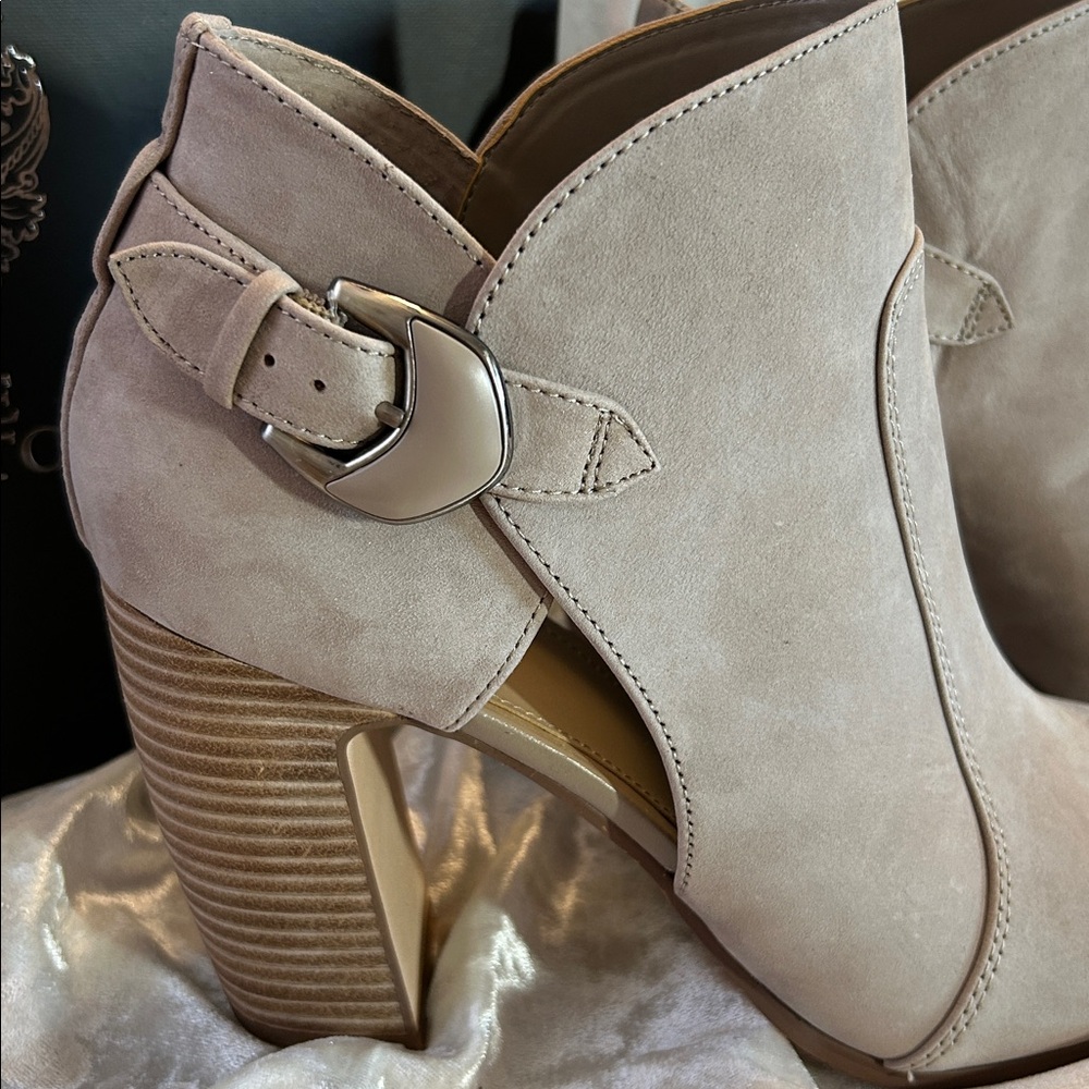 Vince Camuto Taupe Suede Open-Toe Stacked Heel Booties - Picture 2 of 11